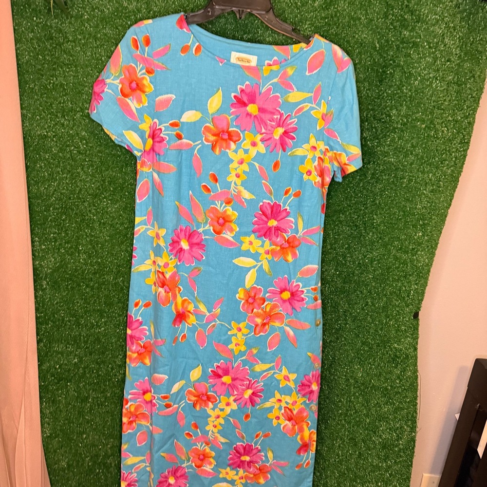 Vintage Talbots Blue Floral Linen Blend Maxi Dress Size 8 Side Button